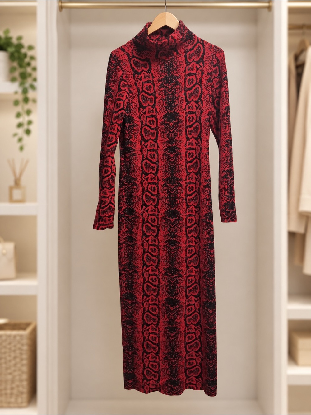 Fashion Nova Red & Black Turtleneck Midi Dress